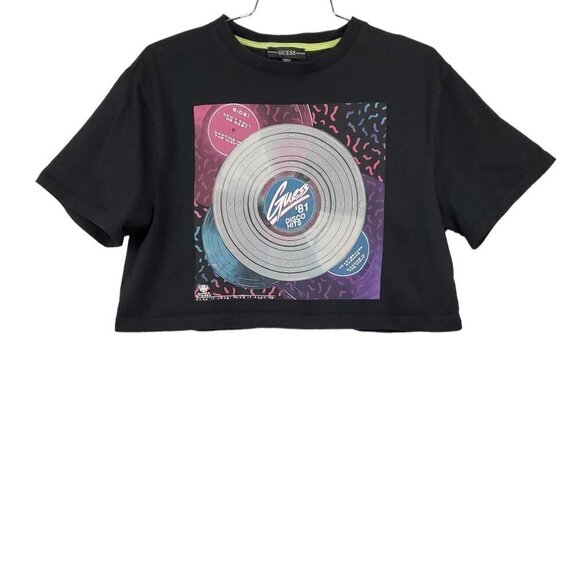 🚨378 Guess Graphic Print Disco Cropped Cotton Black T-Shirt - Picture 2 of 10